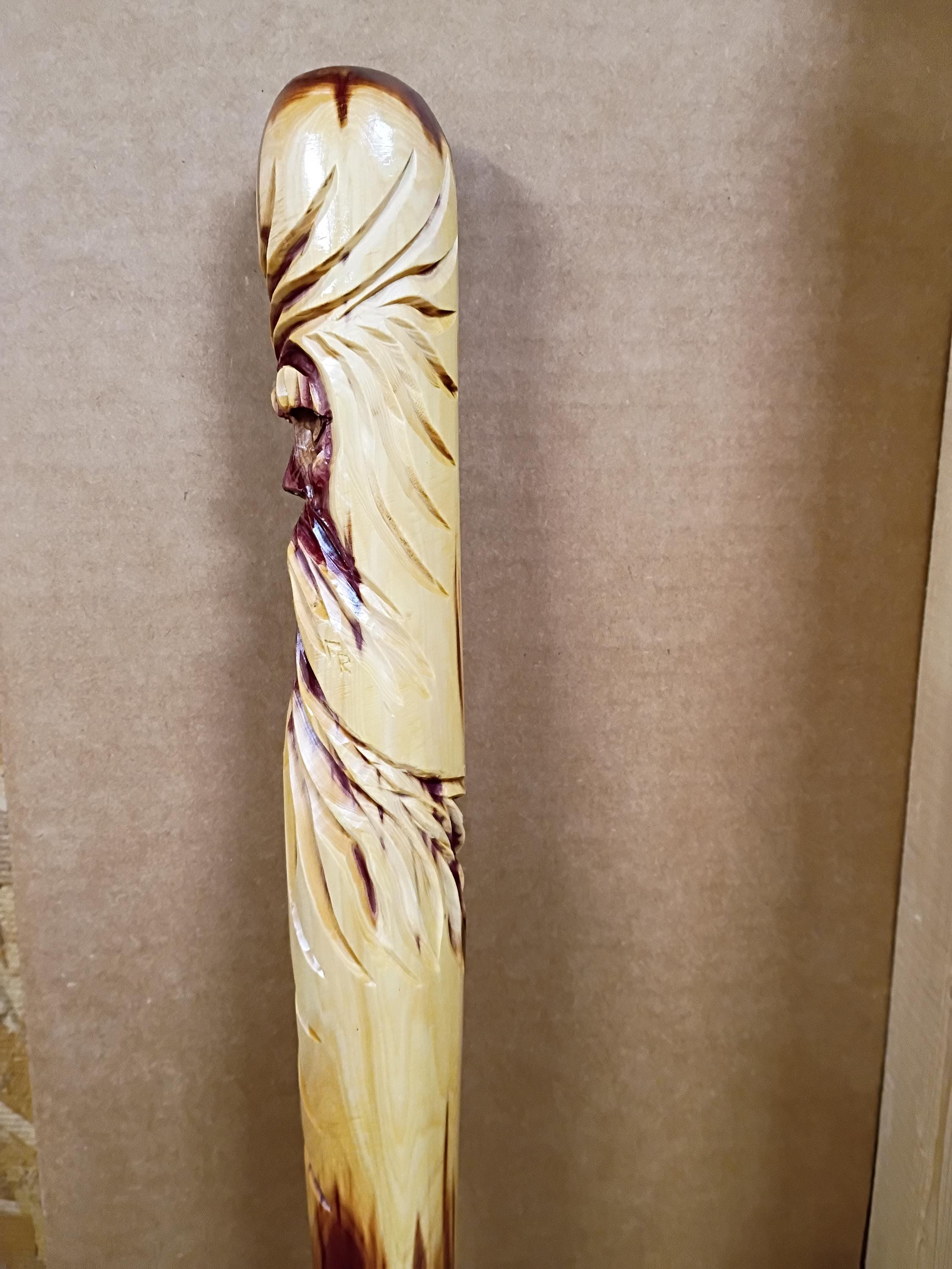 Carved wood spirit, old man face, walking staff, cedar carved stick, hiking stick carved