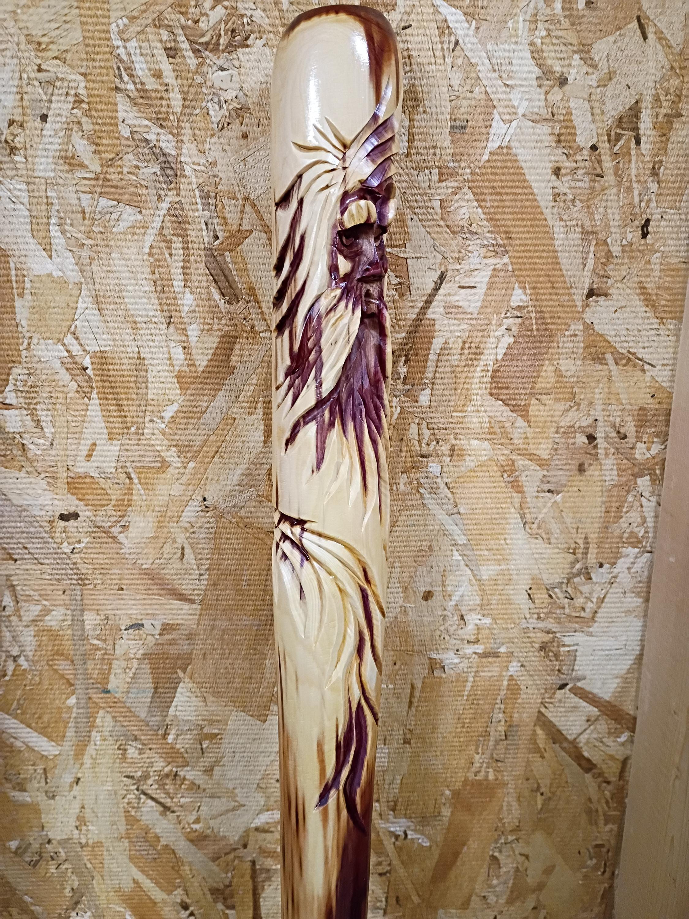 Carved wood spirit, old man face, walking staff, cedar carved stick, hiking stick carved