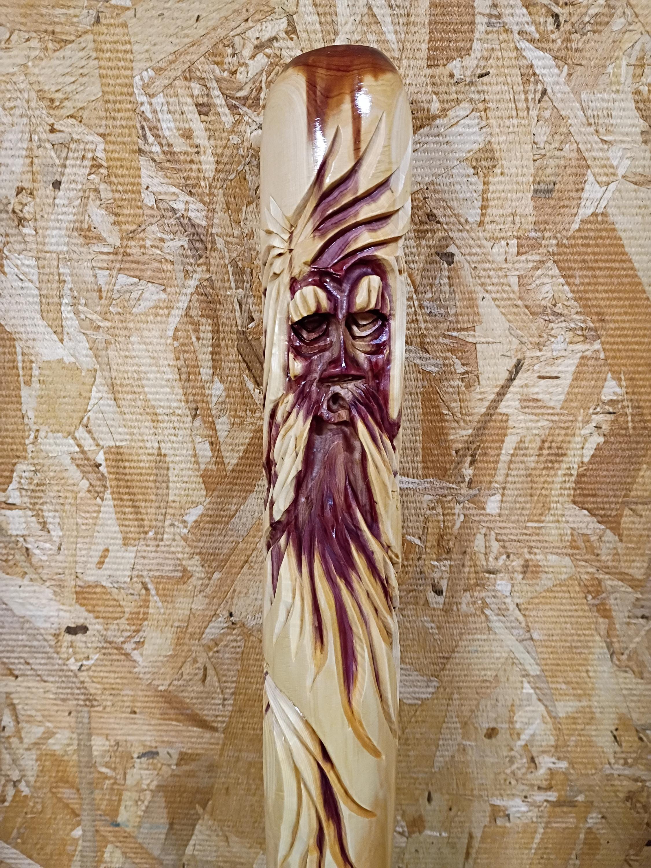 Carved wood spirit, old man face, walking staff, cedar carved stick, hiking stick carved