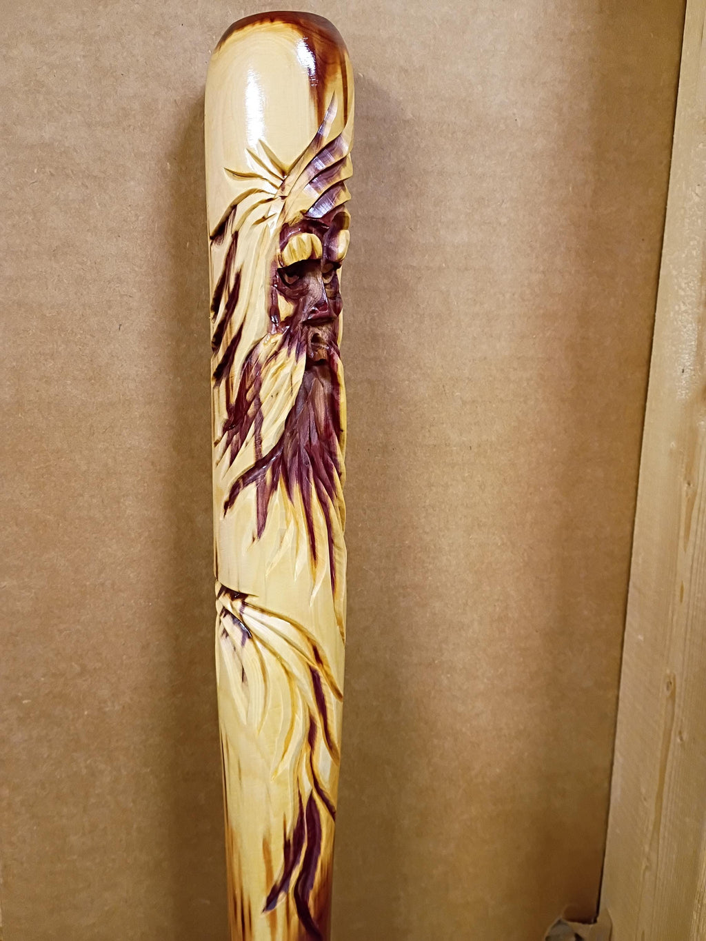 Carved wood spirit, old man face, walking staff, cedar carved stick, hiking stick carved