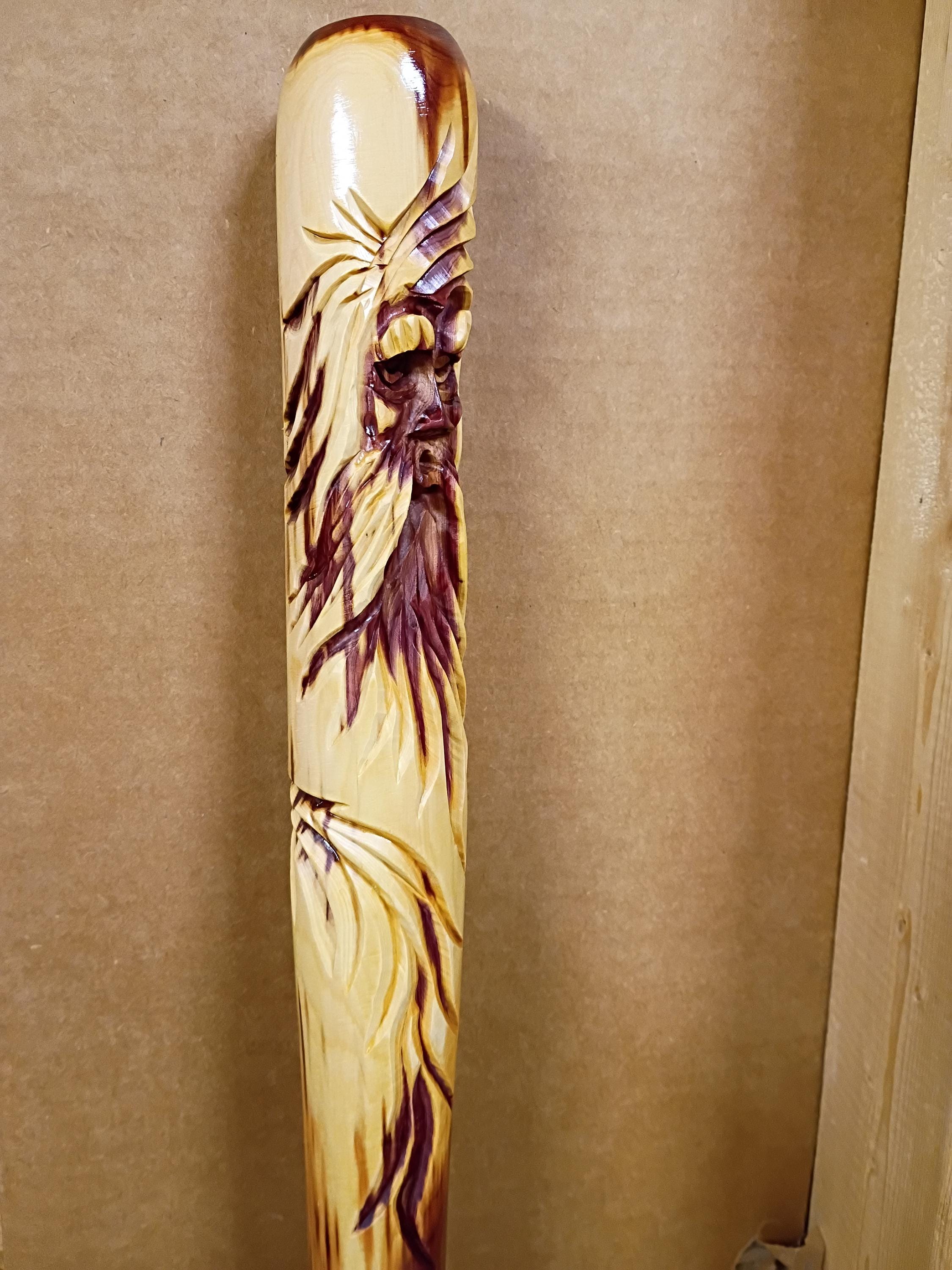 Carved wood spirit, old man face, walking staff, cedar carved stick, hiking stick carved