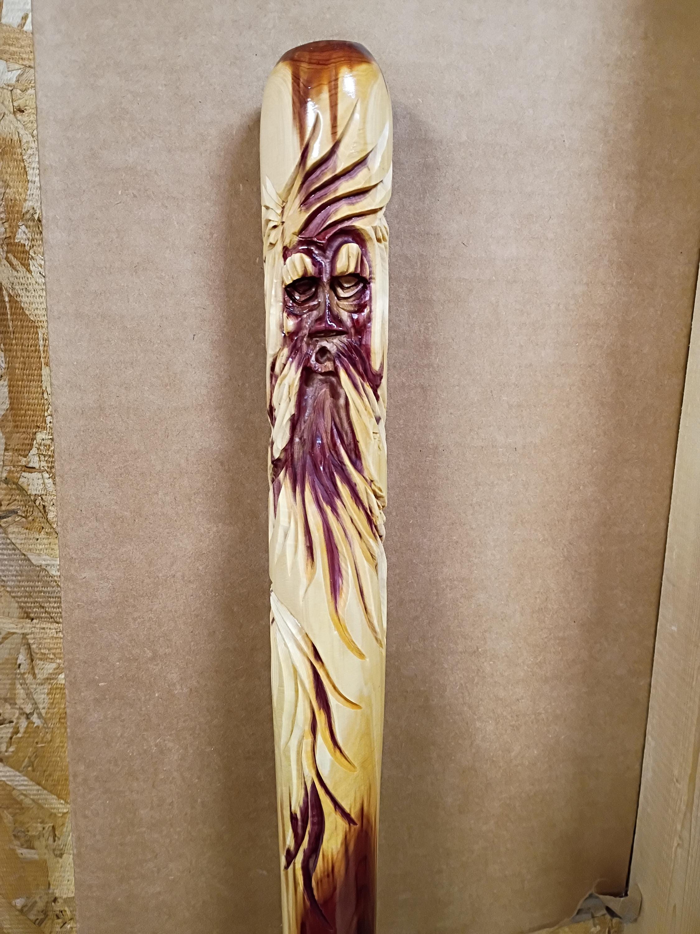 Carved wood spirit, old man face, walking staff, cedar carved stick, hiking stick carved